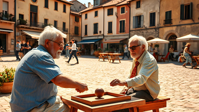 Elderly Couple Playing P&Atilde;&copy;tanque, Happy Seniors Enjoying Sun-Drenched Outdoor Boules Game in Authentic European Village Square.