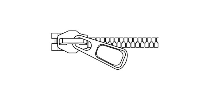 Simple black outline of a zipper with a metal puller on an isolated white background.