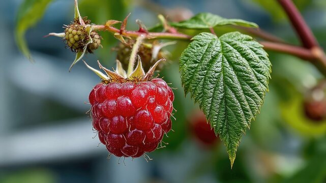 Close-up of a ripe red raspberry hanging from a branch with green leaves.