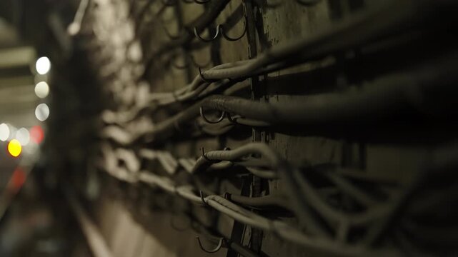 Close-up of electrical cables secured by metal brackets along a gritty concrete wall inside an underground tunnel, with shallow depth of field and bokeh lights in the background.