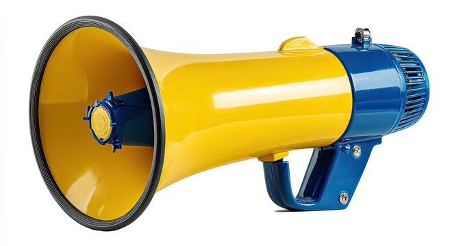 Yellow and blue megaphone on a white background, ready to amplify