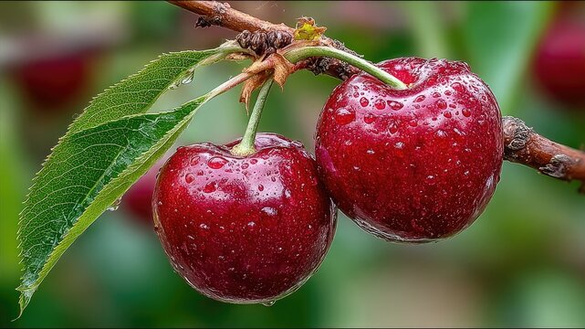 Close-up of two ripe cherries with water droplets on a branch.