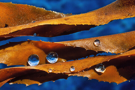 Marine permaculture kelp with water droplets glistening on brown seaweed against vibrant blue ocean background, showcasing natural aquatic beauty and sustainability