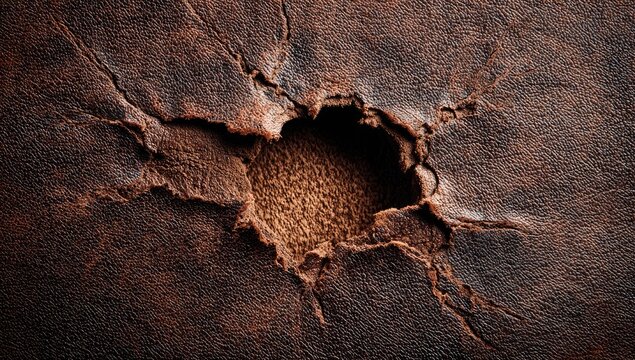 Close-up of worn, cracked brown leather with a gaping hole revealing textured interior