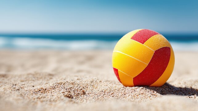 Volleyball ball on sandy beach with ocean background, symbolizing summer vacation, beach sport, active lifestyle, seaside travel and recreation concept with copy space