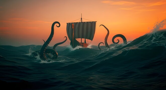 Mythical Sea Monster Attacking Norse Galley