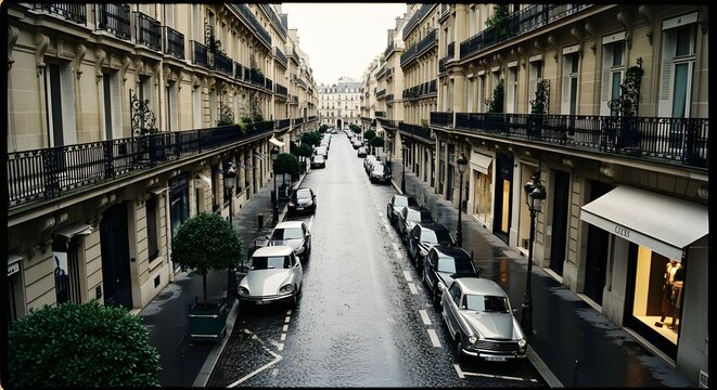 Cinematic View of Wet Parisian Street with Classic Cars and Elegant Haussmann Buildings
