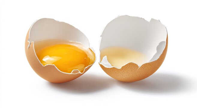 Cracked brown egg reveals glistening yolk and albumen against white