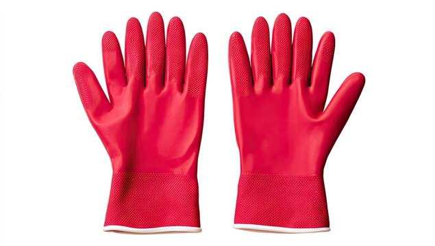 A pair of bright red, rubberized gloves with white trim, spread open