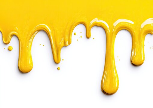 Thick, vibrant yellow liquid drips and flows against a stark white background