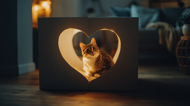 Adorable domestic cat framed by a heart shaped cutout in a cardboard box representing pet adoption and the deep bond of love with animals