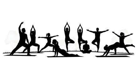 Obraz premium Silhouettes of People Practicing Diverse Yoga Poses Outdoors