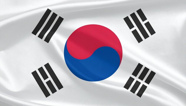 "South Korea&rsquo;s Taegeukgi flag with yin-yang circle and four trigrams on white field."