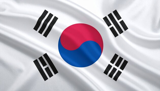 "South Korea&rsquo;s Taegeukgi flag with yin-yang circle and four trigrams on white field."