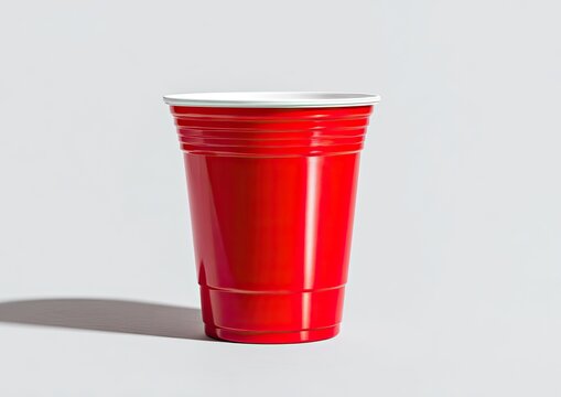 Red plastic party cup with white rim on white background