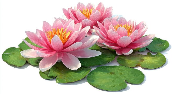 Three pink water lilies bloom on a surface of lush green lily pads
