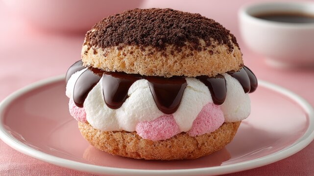Delicious Chocolate Cream Puff Dessert with Pink and White Filling.
