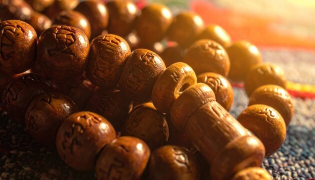 Close-up detailed photograph of naturally worn carved wooden prayer beads showcasing their spiritual texture and smooth finish