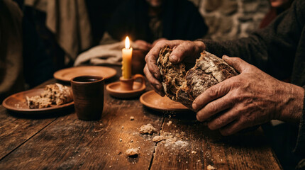 Breaking bread and sharing cup at wooden table representing Last Supper connection to Ascension Day teaching unity faith and remembrance in biblical setting