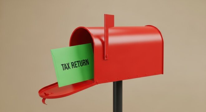 Red metal mailbox with tax return envelope, open postal box containing green tax document, financial mail delivery concept
