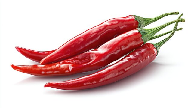 Four vibrant red, glossy chili peppers with green stems, isolated on white