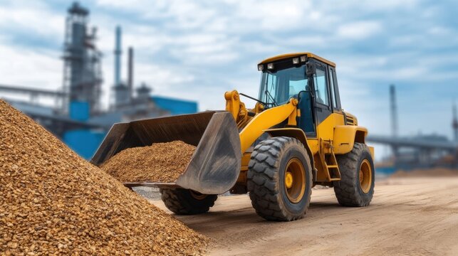 Yellow loader machine moving materials at construction site with industrial background and cloudy sky in horizontal photograph