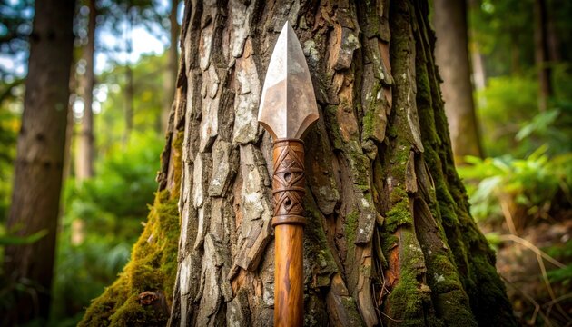 Hand-forged primitive survival spear with a sharpened stone tip leaning against a textured tree bark in a forest setting.