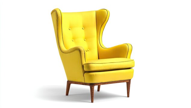 Bright yellow upholstered wingback armchair with button tufting and wooden legs