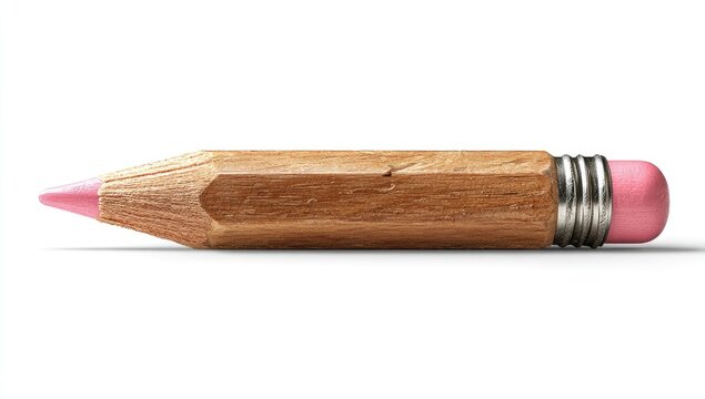 A stubby, sharpened wooden pencil with a pink lead and eraser rests on a white background