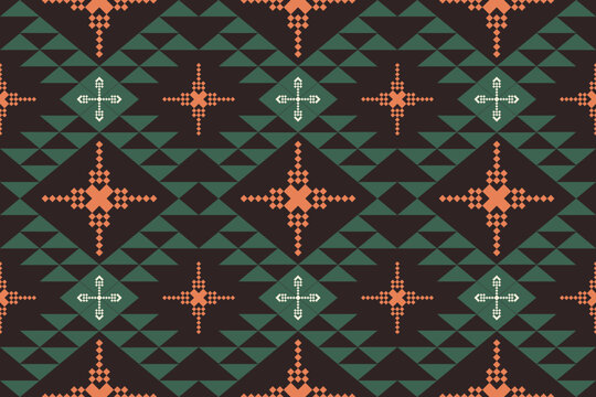 Dark green and terracotta Hmong cross stitch. Seamless tribal star geometric pattern for ethnic textiles and boho decor.