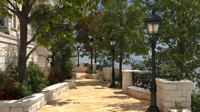 Sunny Stone Pathway with Black Lamp Posts and Lush Greenery