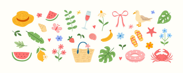 Cute summer doodle set with tropical leaves, fruits and flowers © cozy studio