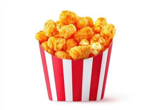 A vibrant bucket overflows with cheesy, crunchy snack bites against a white backdrop