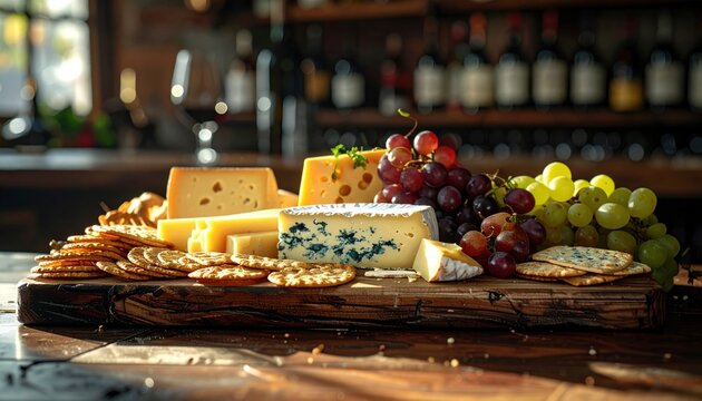 Gourmet cheese board featuring aged cheddars, creamy bries, and blue cheese with grapes and crackers on a rustic wooden surface