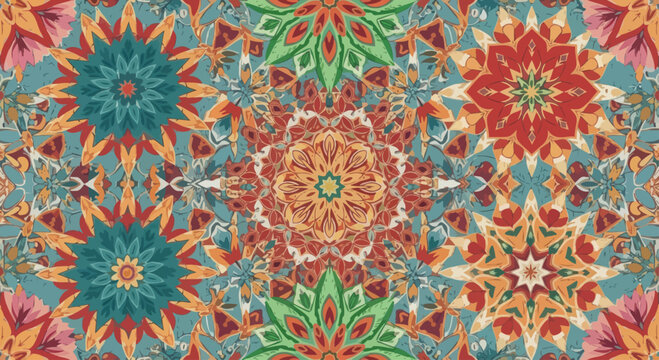 Intricate, symmetrically layered floral mandala pattern with warm, earthy tones on a teal background
