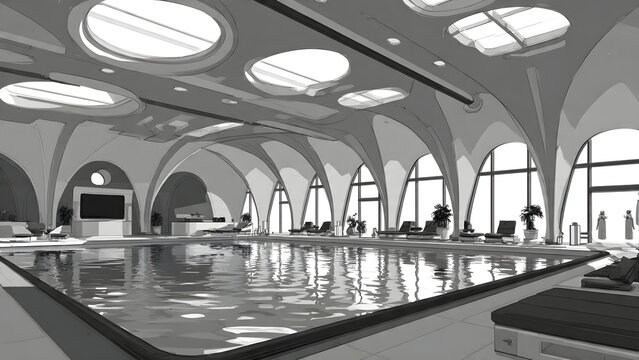 Modern Indoor Pool Hall with Arched Ceiling and Natural Light