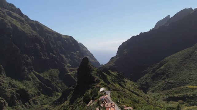 Aerial drone view of the mountains and cliffs and the tourist attraction of Masca village in western Tenerife
