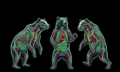 Triple Transparent Bear Anatomy Glowing Organs Red Green Vector Art © Shaima
