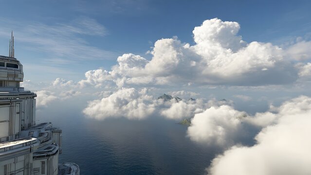 Modern Cliffside Building Overlooking Ocean and Clouds