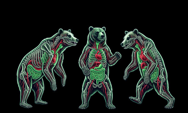 Triple Transparent Bear Anatomy Glowing Organs Red Green Vector Art