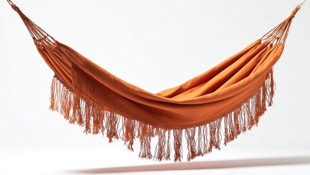 Orange fringed hammock suspended against a plain white background
