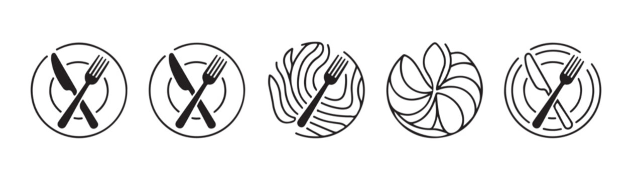 Hand drawn restaurant logo collection with plate fork and knife illustrations for organic dining brand identity.
