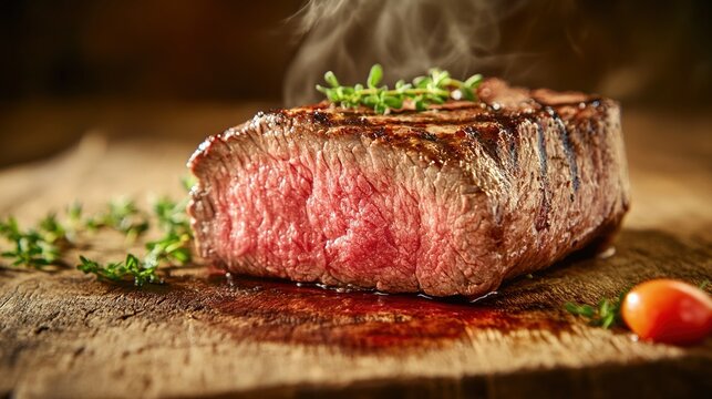 fillet. A premium steak with perfect grill marks on a rustic wooden board, garnished with herbs. menu design, packaging mockups, designed for food delivery and cloud-kitchen brand materials.