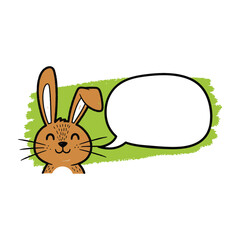 Obraz premium Smiling brown rabbit with speech bubble on green background