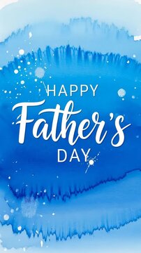 Happy father's day watercolor greeting card in blue triptych with paint splashes and modern script typography, vertical panels for celebration
