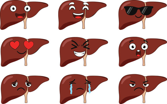 Cartoon Vector Illustration of Human Liver Characters Displaying Multiple Emotions with Happy, Sad, Angry, Crying, and Surprised Faces for Education