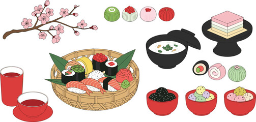 Japanese Sushi, Mochi, Cake, Ice Cream, Soup, and Tea with Cherry Blossoms for Cultural, Culinary, and Educational Media Designs © MbBasir