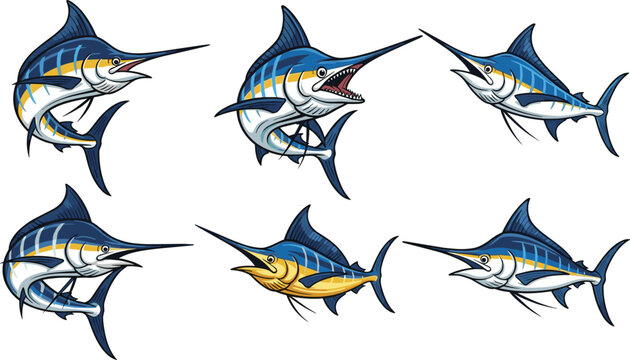 Cartoon Swordfish and Marlin in Dynamic Swimming and Leaping Poses with Colorful Stripes for Children&rsquo;s Storybooks, Marine Educational Media, and Creative Designs