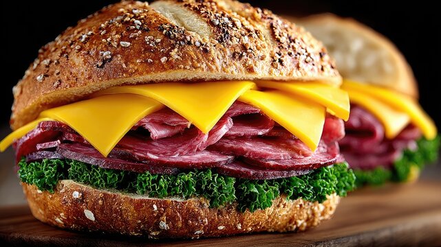 Delicious Sandwich with Salami and Cheese on a Sesame Seed Bun.