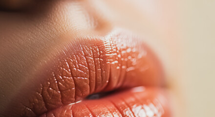 Fototapeta premium Close-up of human lips with glossy peach lipstick